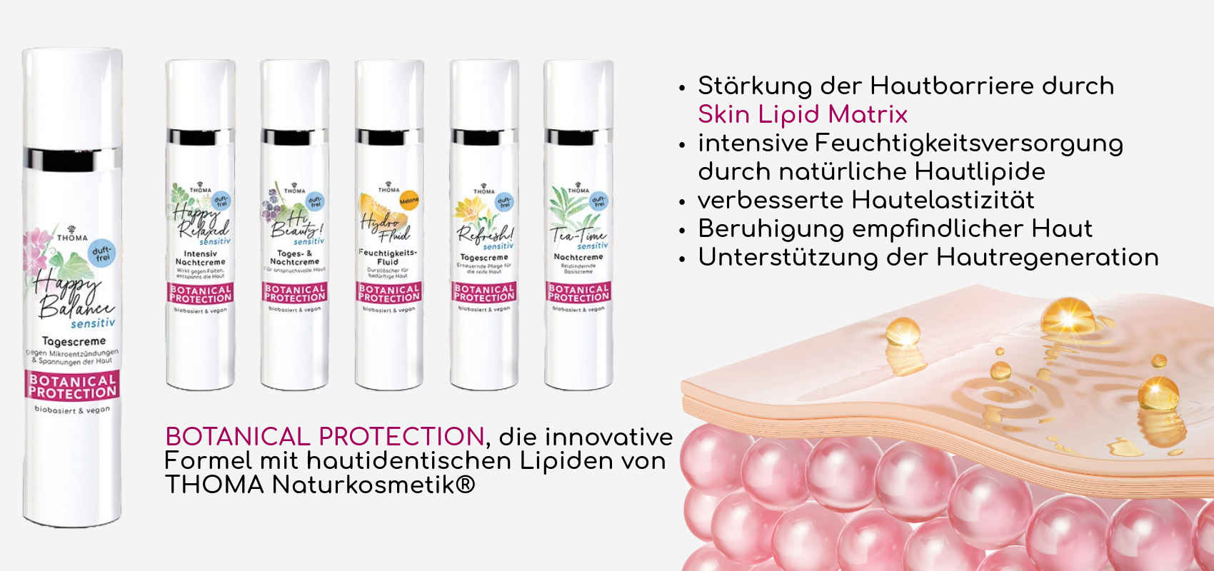 Botanical Protection Produkte von THOMA Naturkosmetik – Stärkung der Hautbarriere durch Skin Lipid Matrix, intensive Feuchtigkeitsversorgung und Unterstützung der Hautregeneration.